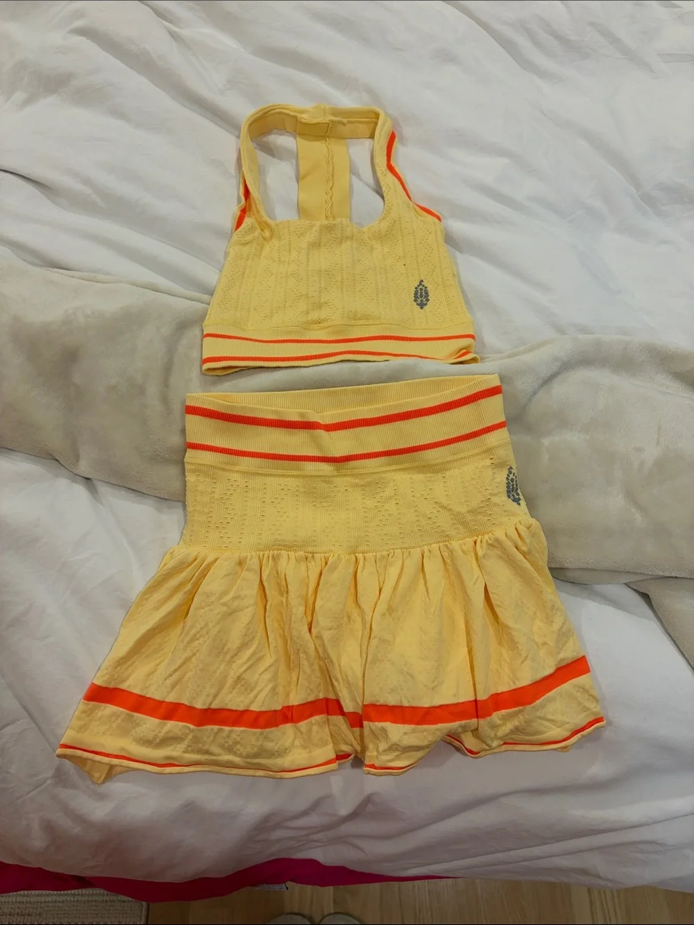 Free People Yellow Two-Piece Tank Top and Skirt Set with Orange Trim